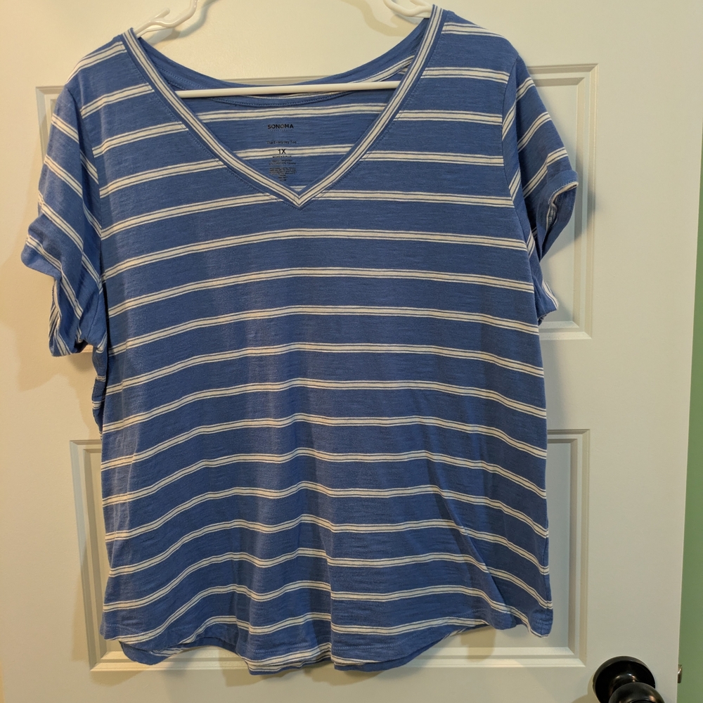 🔴3/$15 Sonoma Blue and White Striped V-Neck Tee